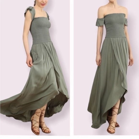 Young Fabulous & Broke Frida Green Smocked Off The Shoulder Maxi Dress Medium - Picture 1 of 11